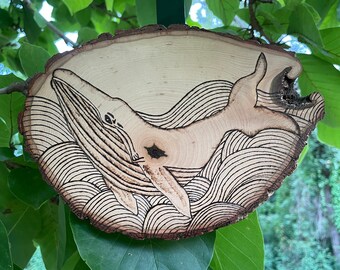 Wood Burned Whale Wall Art, Pyrography Whale, Ecofriendly Gift, Live Edge Wood Slice, Waves decor, Ocean Decor, Nautical, Whale Wall Hanging