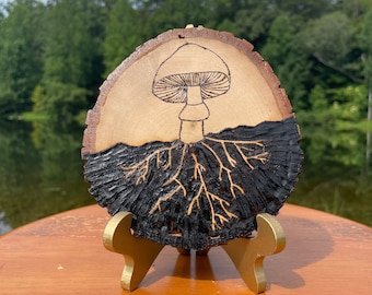 Wood Burned Mushroom with Roots, Mushroom Mycorrhiza, Pyrography Art, Natural Gift, Human Connection, Nature Wall Hanger, Mushroom Gift