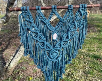 Macrame Wall Hanging with Rose Quartz Crystal, Teal Blue Wall Decor, Boho Home Decor, Crystal Lover Gift, Handmade Ecofriendly Wall Hang