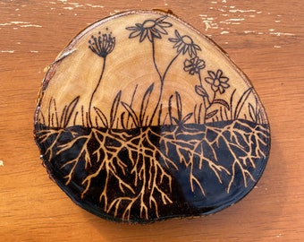 Wood Burned Wildflower Roots Coaster, Pyrography Art, Root System, Biology Gift, Environmentalist Gift, Boho Home Decor, Rustic Coaster