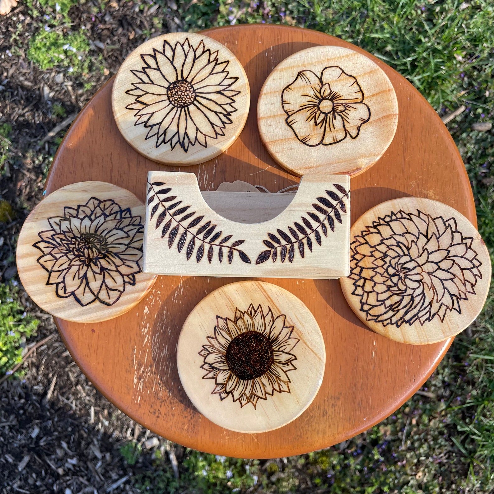 Wood Burned Flowers Coaster Set, Pyrography Coasters, Sunflower Coaster ...