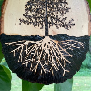 Wood Burned Pine Tree Roots, Tree of Life, Live Edge Wood Slice, Pine Tree Art, Tree Decor, Boho Decor, Pyrography Tree of Life, Ecofriendly afbeelding 3