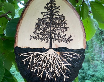 Wood Burned Pine Tree Roots, Tree of Life, Live Edge Wood Slice, Pine Tree Art, Tree Decor, Boho Decor, Pyrography Tree of Life, Ecofriendly