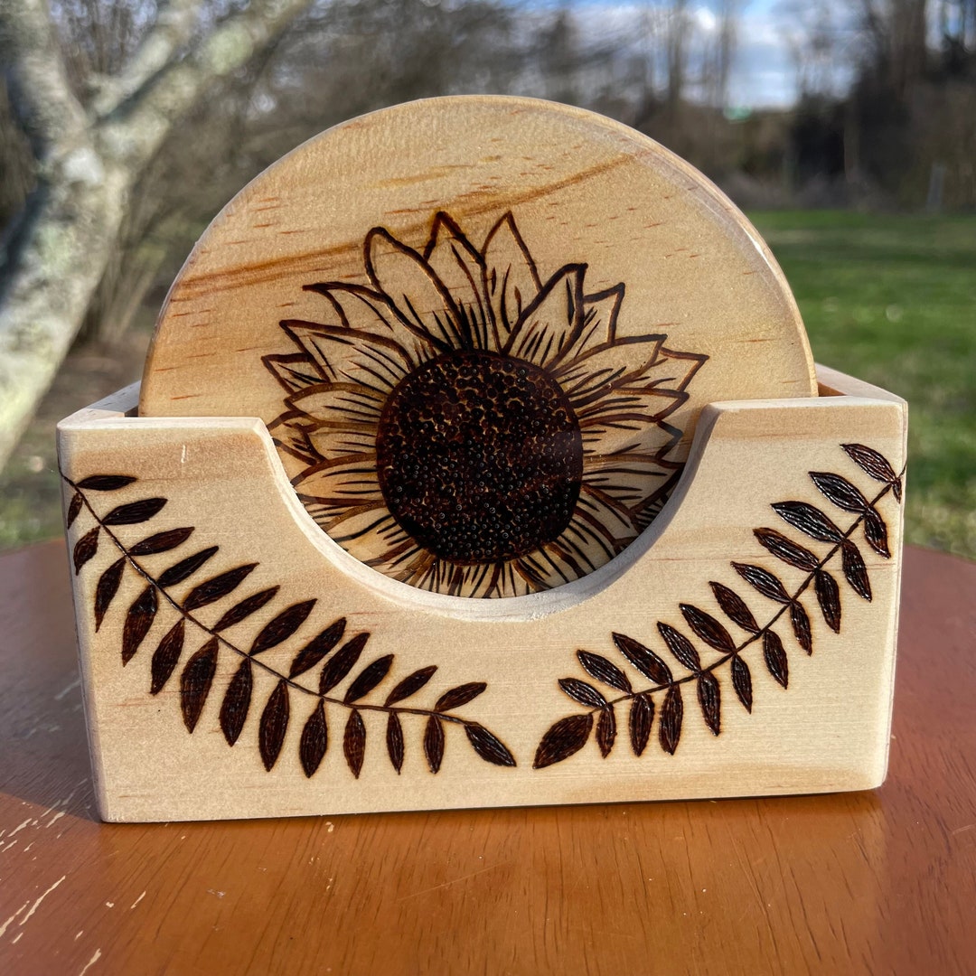 Wood Burned Flowers Coaster Set, Pyrography Coasters, Sunflower Coaster ...