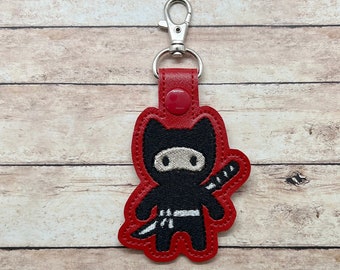 Embroidered Ninja Cat Keychain: Red Vinyl Snap Tab