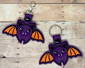 Purple bat, embroidered key chain, snap tab, key fob