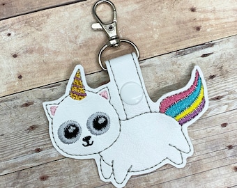 Unicorn kitty embroidered key chain/snap tab