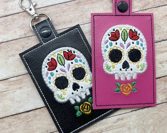 Embroidered Sugar Skull ID Badge Holder: Vinyl Card Holder