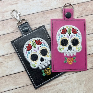 Embroidered Sugar skull ID holder, Badge holder, ID card holder