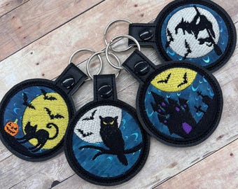 Spooky keychains, black cat, owl, haunted house, witch, snap tabs