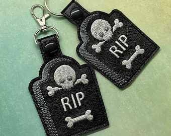 R.I.P., tombstone, Halloween embroidered key chain, snap tab, key fob