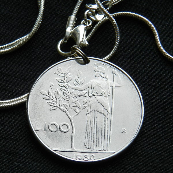 Vintage Italy - 1980 - MINERVA Goddess of Rome and the Olive Tree - 44 Years Old - with Chain - Genuine Coin Pendant - CM72