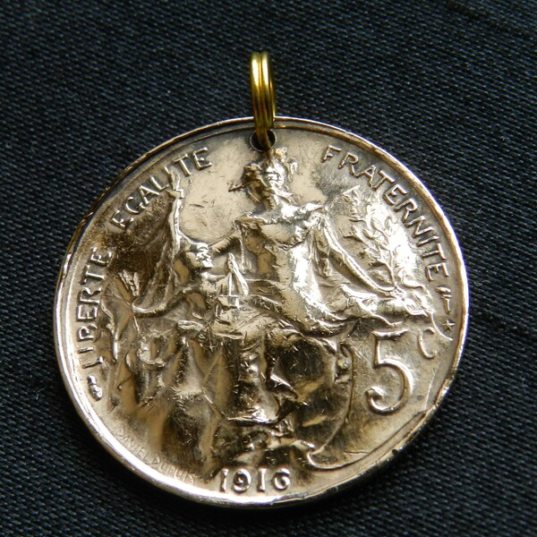Antique France - 1916 - Liberty Protecting the Child - 105 Years Old - Genuine Coin Pendant - CM72