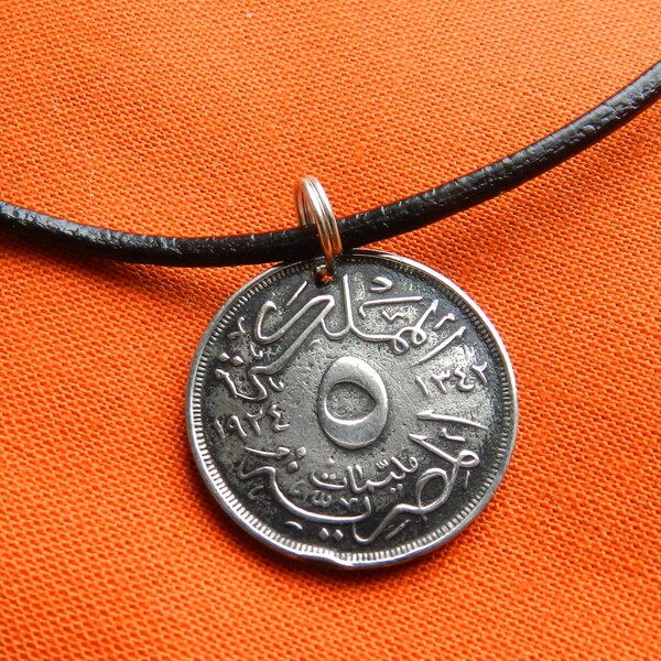 Antique Egypt - 1924 - Genuine Coin Pendant - Black Leather Necklet - 97 Years Old - CM36
