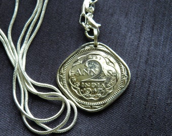 Vintage India - Beautifully Ornate - George V1 -  1947 - 77 Years Old - Snake Chain - Genuine Coin Pendant CM38