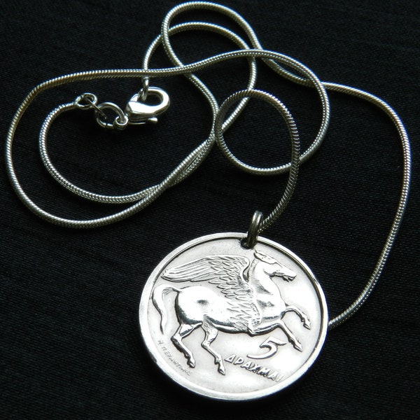 Vintage Greece - Pegasus The Winged Horse & Phoenix Rising from the Ashes -  1973 - With Silver Snake Chain - Genuine Coin Pendant CM51