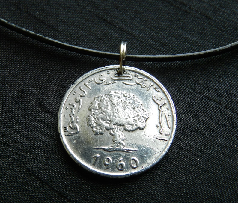 TUNISIA The Oak CM49 1960-61 Years Old Genuine Coin Pendant on Black Leather
