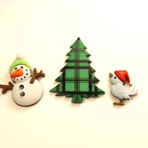 3 Christmas Buttons Plaid Tree Buttons Christmas Bird Buttons Christmas Snowman Buttons