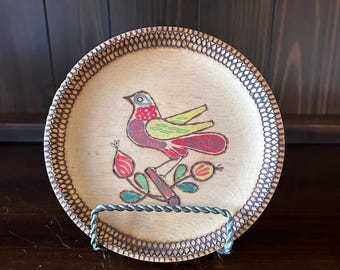 Vintage Krakow Poland Folk Art Wood Dish Plate Wall Hanging with Bird Design