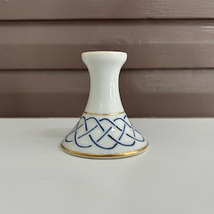 Vintage Blue White Gold Porcelain Candlestick; Japanese Porcelain; White and Blue Porcelain Taper Candleholder; Blue Geometric Accent Candle