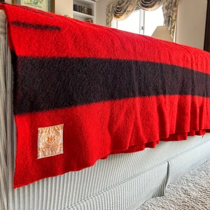 Vintage Hudson's Bay Four Point Wool Blanket, Scarlet Red Wool Blanket, 88" x 68"; Vintage Hudson's Bay Blanket; Hudson's Bay Red Wool