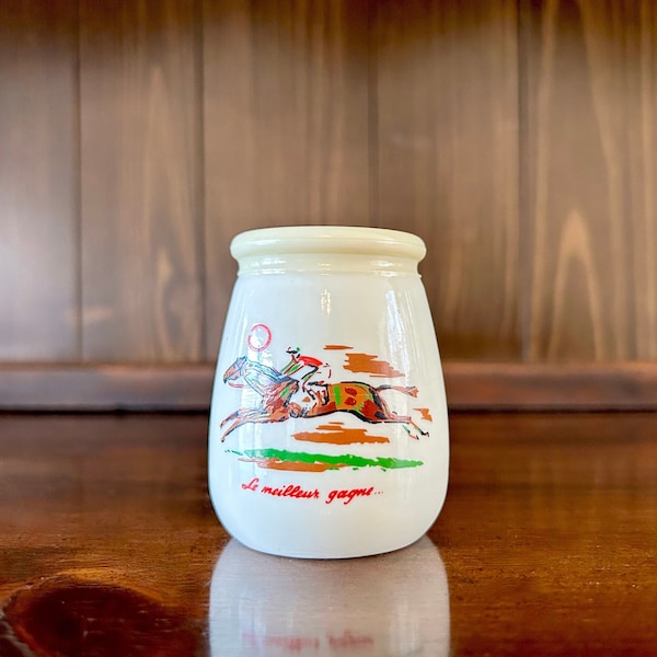 Vintage French Le Meilleur Gagne Dijon Mustard Jar, Mid-Century; Vintage French Bottle; Equestrian Decor; Opaline Glass Jar; France