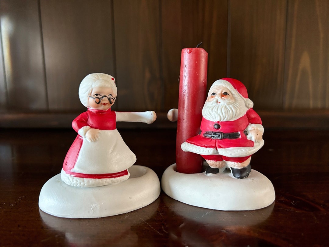 Vintage Santa and Mrs. Claus Ceramic Candle Huggers Midcentury