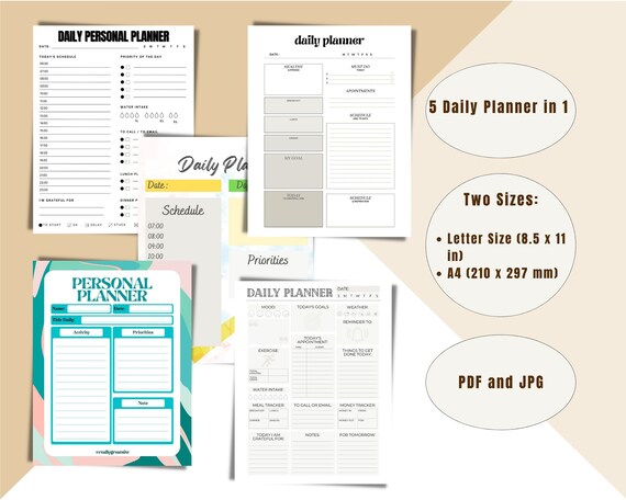 Printable planner in a bundle of 5, A4 Printable planner, Letter size Printable planner, Planner Bundle, Personal Toto list, Daily todo list