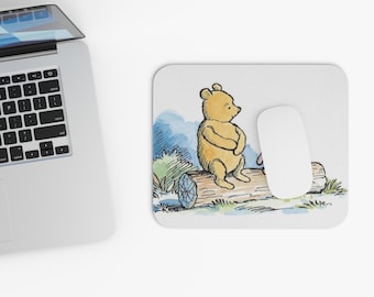 May include: A yellow bear sitting on a log with a pink pig standing behind it. The bear is looking to the right and the pig is looking at the bear. The background is a watercolor painting of a blue sky and green grass.