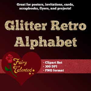 Glitter Retro Alphabet Clipart: Gold Glitter Letters, Bold Gold Glitter Alphabet Clip Art, Digital Retro Glitter Alphabet Letters