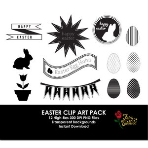 Ostern Clipart druckbare schwarz & weiß Grafiken mit transparentem Hintergrund - Retro-Stempel-Stil