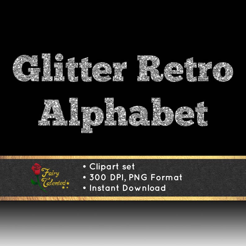 Retro Glitter Alphabet Clipart Silver Glitter Letters, Silver Glitter
