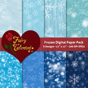 May include: A digital paper pack with 8 designs featuring snowflakes and wintery patterns in shades of blue. The designs are 12 inches by 12 inches and 300 DPI.