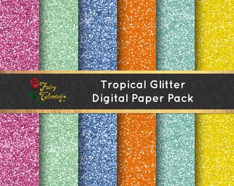 Glitter Digital Paper Pack: Glitter Tropical Digital Paper - Summer Digital Paper - Instant Download - Commercial Use