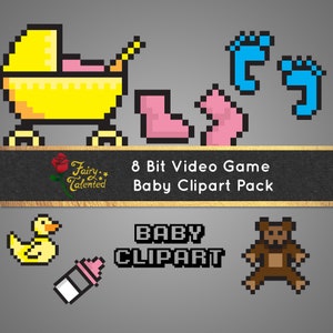 Video Game Baby Shower 8 Bit Clipart Set - Clip Art for Gamer Party, Gender Reveal, 1st birthday invitation
