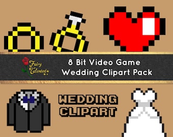 Video Game Wedding 8 Bit Clipart Set - Gamer Wedding 8 Bit Heart and Wedding Icons - Clip Art for Wedding Invitations, Save the Date Card