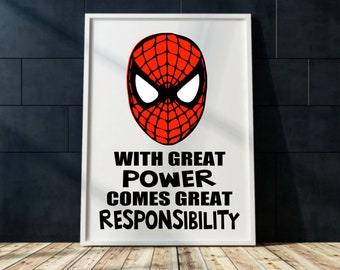 Spiderman Print Printable  wall art With Great POWER comes great RESPONSIBILITY quote printable art Boy&#39;s bedroom spiderman wall decor