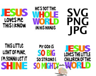 May include: Colorful digital art prints with Christian quotes. The prints feature phrases like "Jesus Loves Me", "He's Got The Whole World In His Hands", and "This Little Light Of Mine".