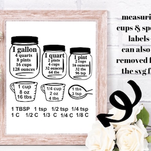 Kitchen conversion svg cut file Baking Equivalents svg Kitchen Cabinet Mason Jar svg  Measuring cups svg baking measurement cheat sheet svg