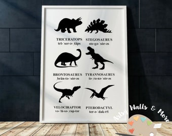 Impresión de dinosaurios Arte de pared imprimible Dormitorio temático de dinosaurios Dormitorio de niños nombres de dinosaurios Triceratops Stegosaurus Tyrannosaurus Rex arte de pared