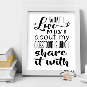 May include: Black and white printable wall art with the text "WHAT I Love MOST about my classroom is who I share it with".