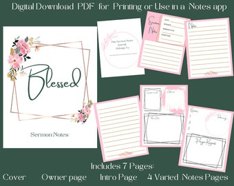 Sermon Notes Printable | Notes app sermon notes journal | Printable notes for church sermons | Feminine Church notes printable PDF