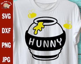 May include: A black and white illustration of a honey pot with the word "Hunny" written on it.  Two yellow bees are flying around the pot.