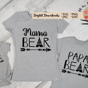 Ours famille svg oursonne svg Papa ours svg bébé ours svg png jpg ours en famille avec tipi et flèches bricolage maman et moi svg, svg grenouillère bébé
