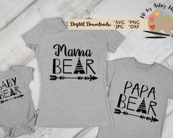 Bear family svg Mama Bear svg Papa Bear svg  Baby bear svg png jpg bear family with teepee and arrows diy mommy and me svg, baby onesie svg
