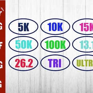 May include: Nine different colored oval-shaped stickers with text inside. The stickers are labeled with the following distances: 5K, 10K, 15K, 50K, 100K, 13.1, 26.2, TRI, and ULTRA.