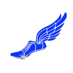 May include: A blue running shoe with a wing design. The shoe is in mid-air, as if it is taking off. The text "Airy Halls" is on the side of the shoe.