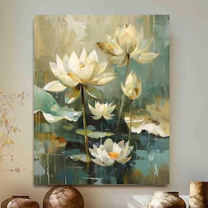 May include: An oil painting of white lotus flowers with yellow centers and green lily pads. The artwork hangs above a wooden shelf with decorative vases and a cozy armchair with a white cushion.