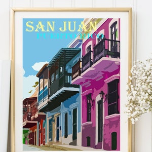 San Juan Art, Colorful Homes, Puerto Rico Vintage Poster, Retro Travel Print, Canvas Option, Puerto Rican Village image 1