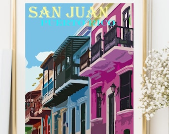 San Juan Art, Colorful Homes, Puerto Rico Vintage Poster, Retro Travel Print, Canvas Option, Puerto Rican Village